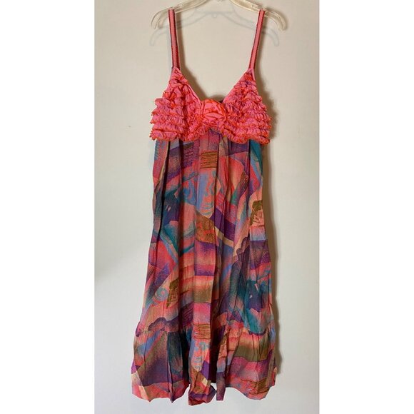 2 pc Colorful Boho Ruffled Dress Pink Textured Bodice & Crochet Shrug Small - Picture 3 of 15